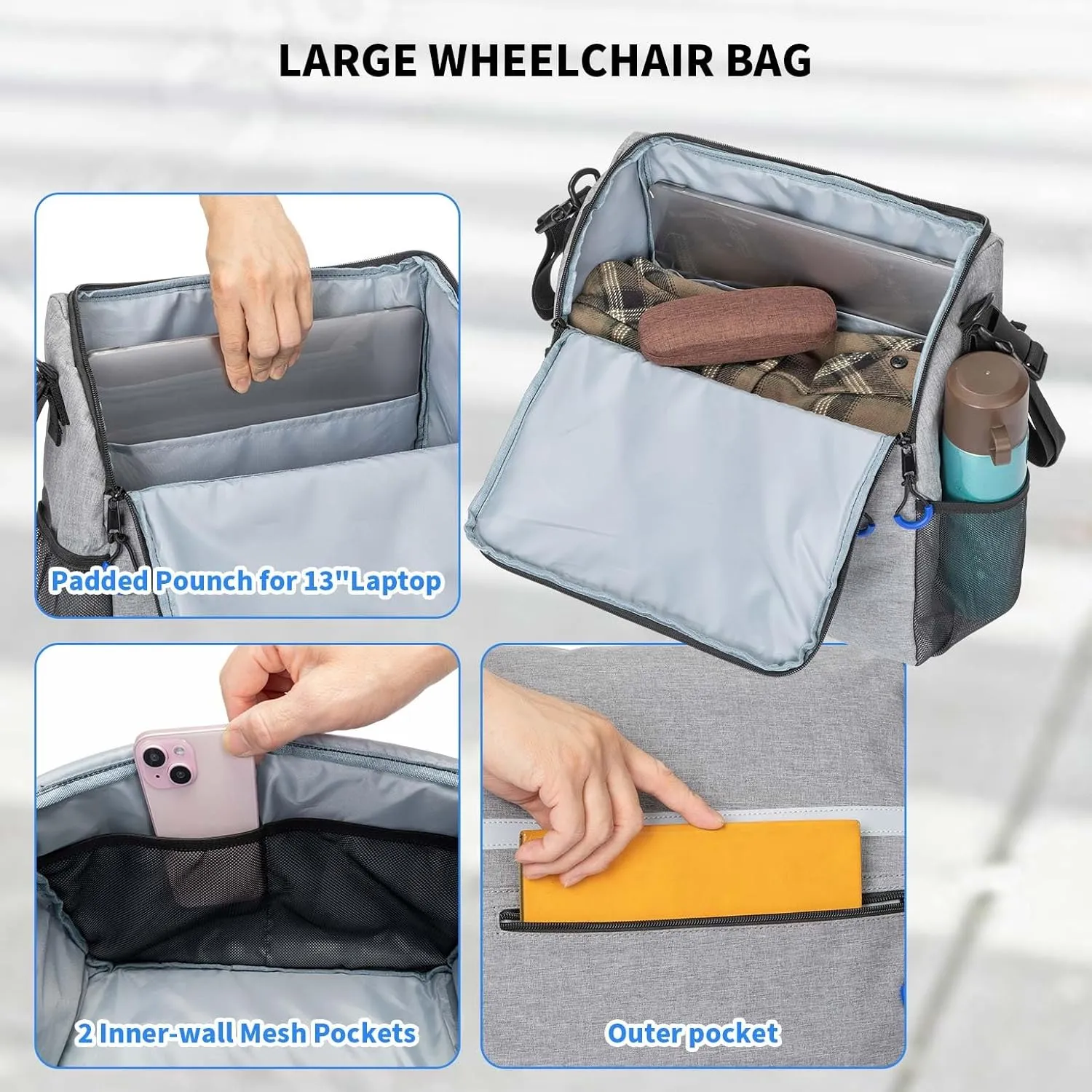Wheelchair Bags, Wheelchair Backpack with Cup Holder, Wheelchair Bags to Hang on Back, Electric Wheel Chair Accessories, Large Storage Bag for Walker Rollator (Gray)
