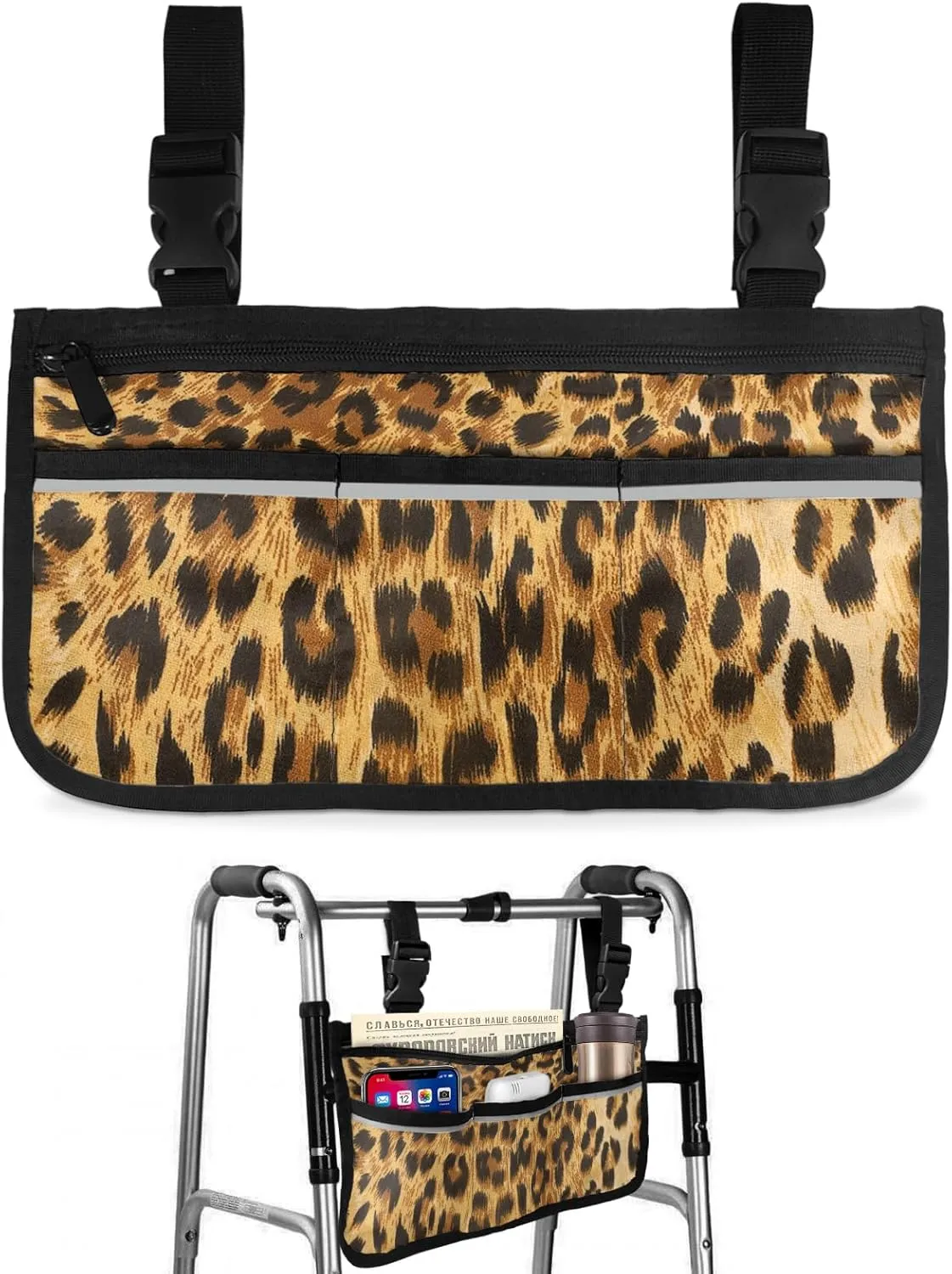 Wheelchair Side Storage Bag Cool 3D Leopard Leopard Print Armrest Pouch with Cup Holder and Reflective Strip Wheelchair Accessories Organizer Bags for Walkers Rollator