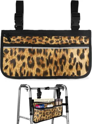 Wheelchair Side Storage Bag Cool 3D Leopard Leopard Print Armrest Pouch with Cup Holder and Reflective Strip Wheelchair Accessories Organizer Bags for Walkers Rollator