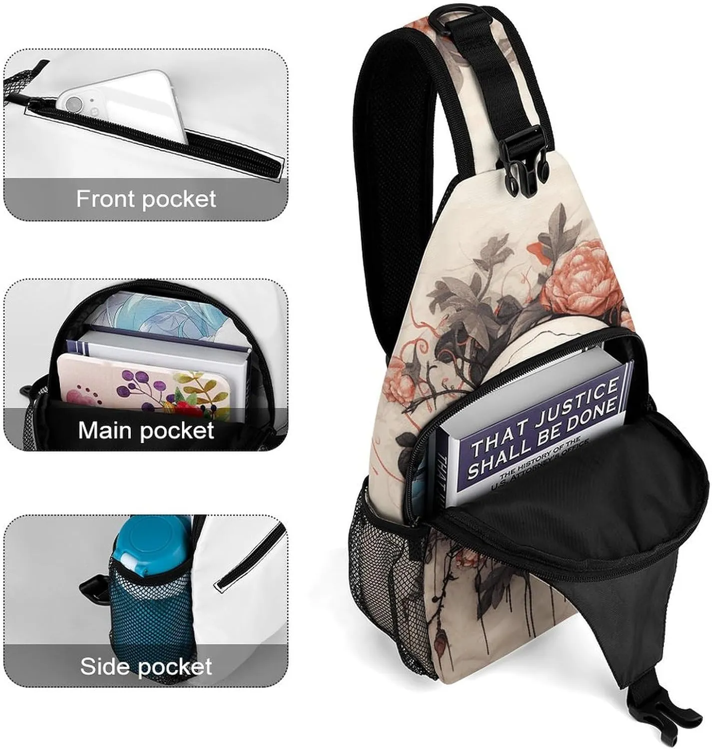 White Blooms Blue Butterflies Crossbody Bag, Sling Bag, Sling Backpack, Belt Bags for Travel Outdoors Hiking