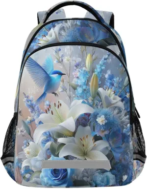 White Blue Bird Daisy Rose Flowers Backpack for Boys Girls Elementary School Bag Kids Travel Bags Casual Rucksack Laptop Bookbag
