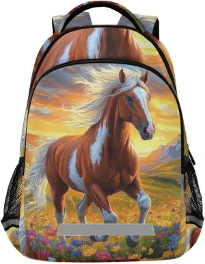 White Brown Horse Flower Field Backpack for Boys Girls Elementary School Bag Kids Travel Bags Casual Rucksack Laptop Bookbag