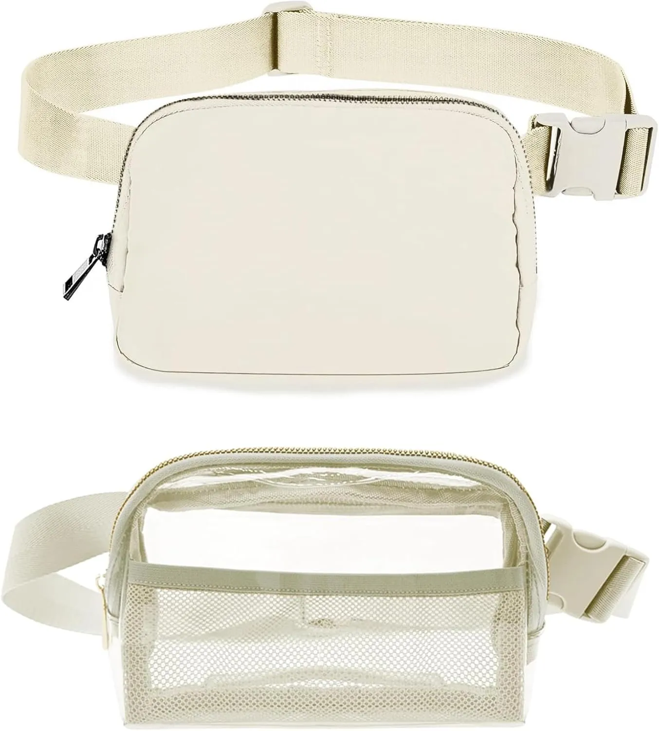White Fanny Pack for Woman Men, Crossbody Bag with Adjustable Belt, Everywhere Belt Bag for Travel Sport Running Hiking Outdoors (1 Nylon & 1 Transparent)