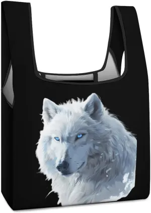White Snows Wolf With Blue Eyes Reusable Grocery Bag Foldable Shopping Tote Bags With Handle Portable Handbag