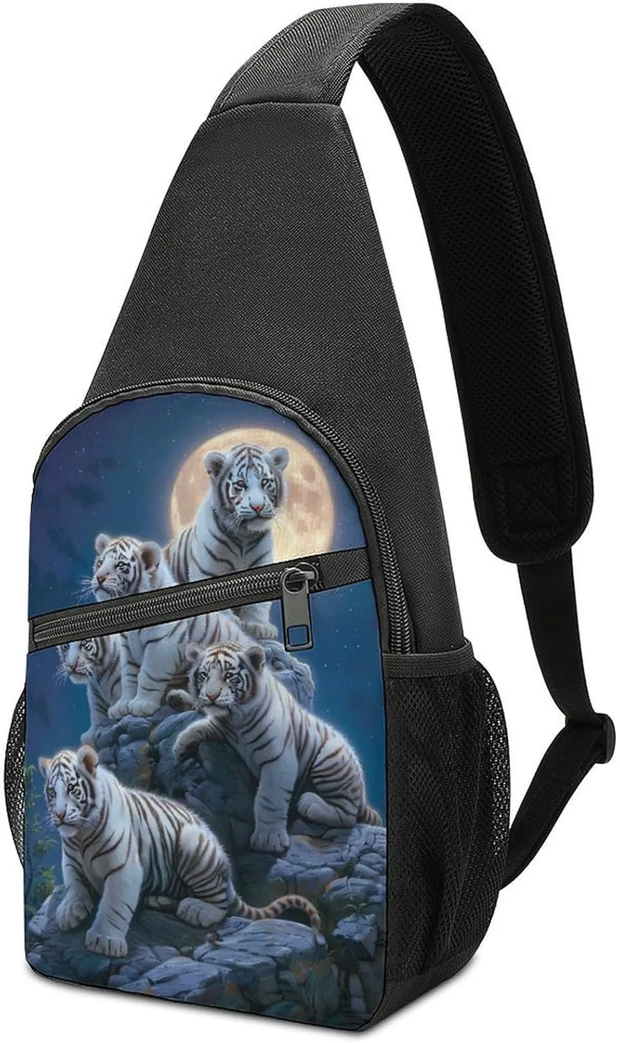 White Tigers Family Full Moon Crossbody Bags for Women Men Sling Bag Casual Chest Bag Daypack for Travel Sport Hiking