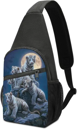 White Tigers Family Full Moon Crossbody Bags for Women Men Sling Bag Casual Chest Bag Daypack for Travel Sport Hiking