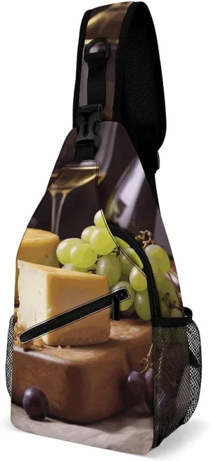 White Wine Cheese Cake Grapes Crossbody Bags Mini Sling Bag Fanny Chest Bag Travel Daypack Sling Backpack for Men Women