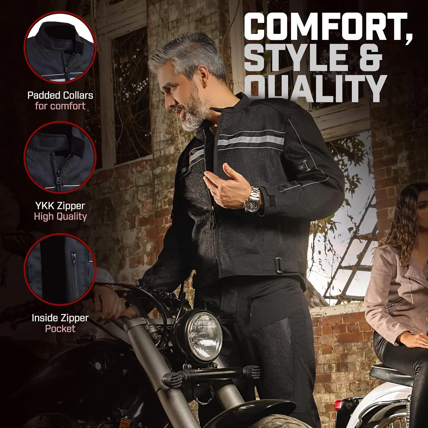 WICKED STOCK Men's Motorcycle Jacket - CE Level1 Reflective Summer Biker Jacket with Adjustable Cuffs & Waist Belt - Lightweight & Comfortable Mesh Motorcycle Jacket with Armor