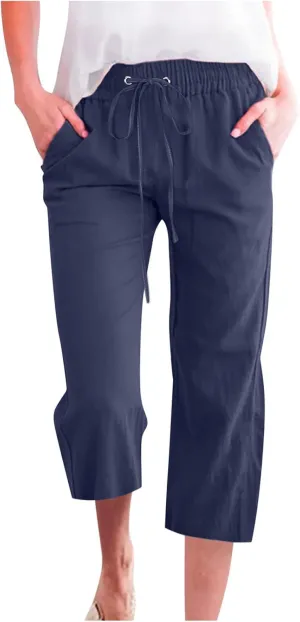 Wide Leg Capri Pants for Women Casual Summer Drawstring Elastic High Waist Cotton Linen Pant Cropped Trousers