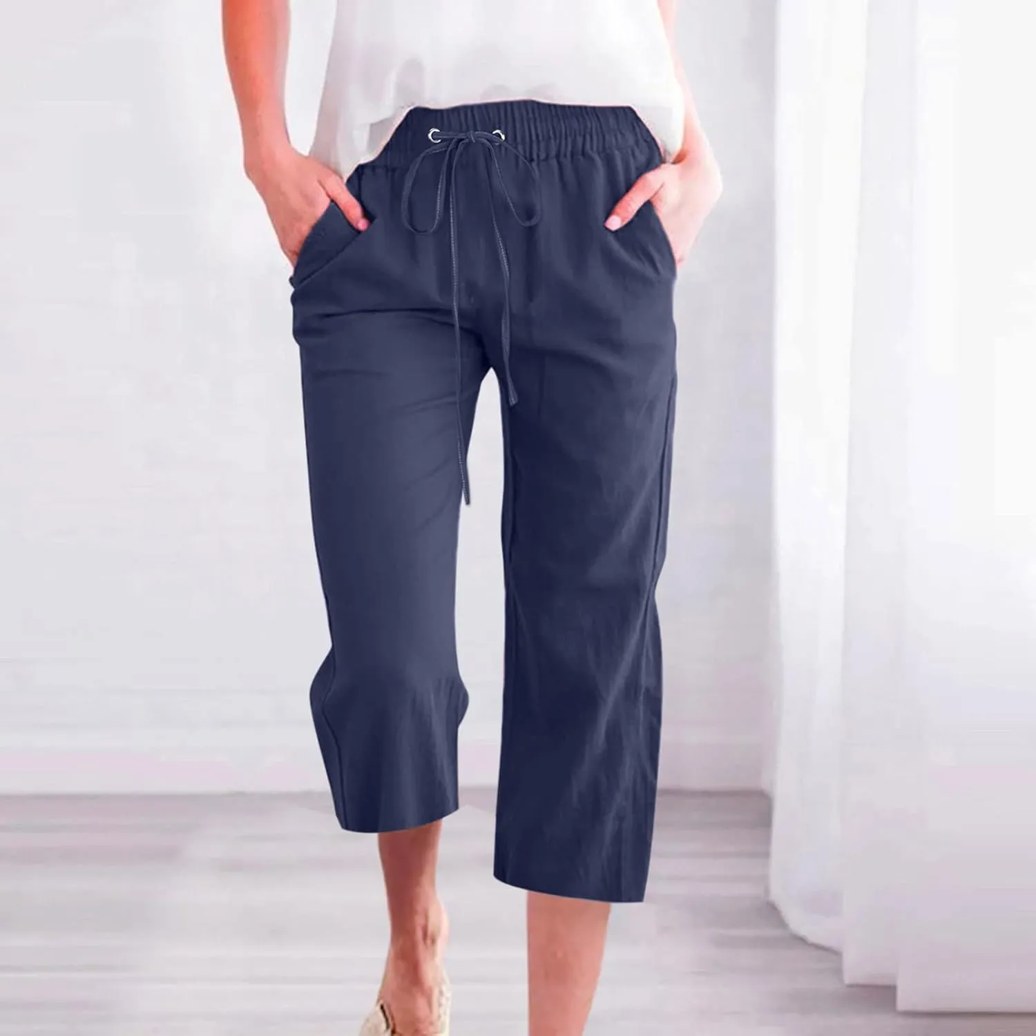 Wide Leg Capri Pants for Women Casual Summer Drawstring Elastic High Waist Cotton Linen Pant Cropped Trousers