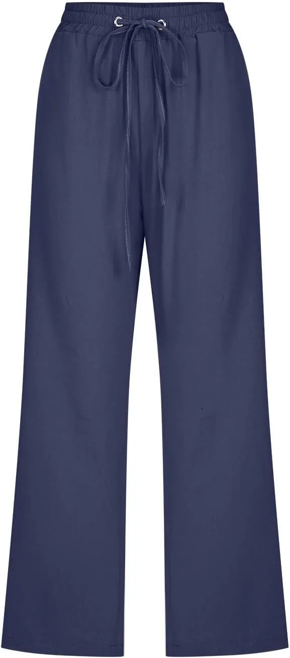 Wide Leg Capri Pants for Women Casual Summer Drawstring Elastic High Waist Cotton Linen Pant Cropped Trousers