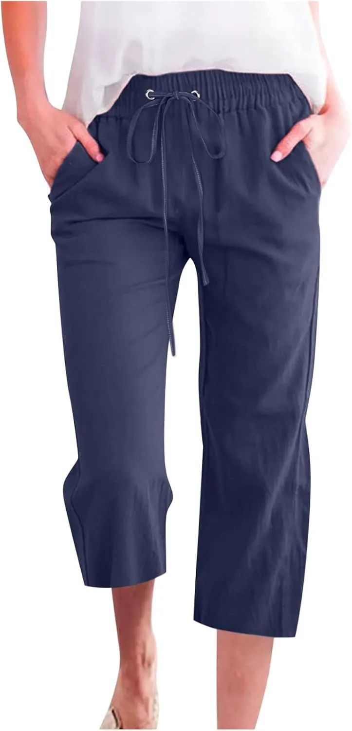 Wide Leg Capri Pants for Women Casual Summer Drawstring Elastic High Waist Cotton Linen Pant Cropped Trousers