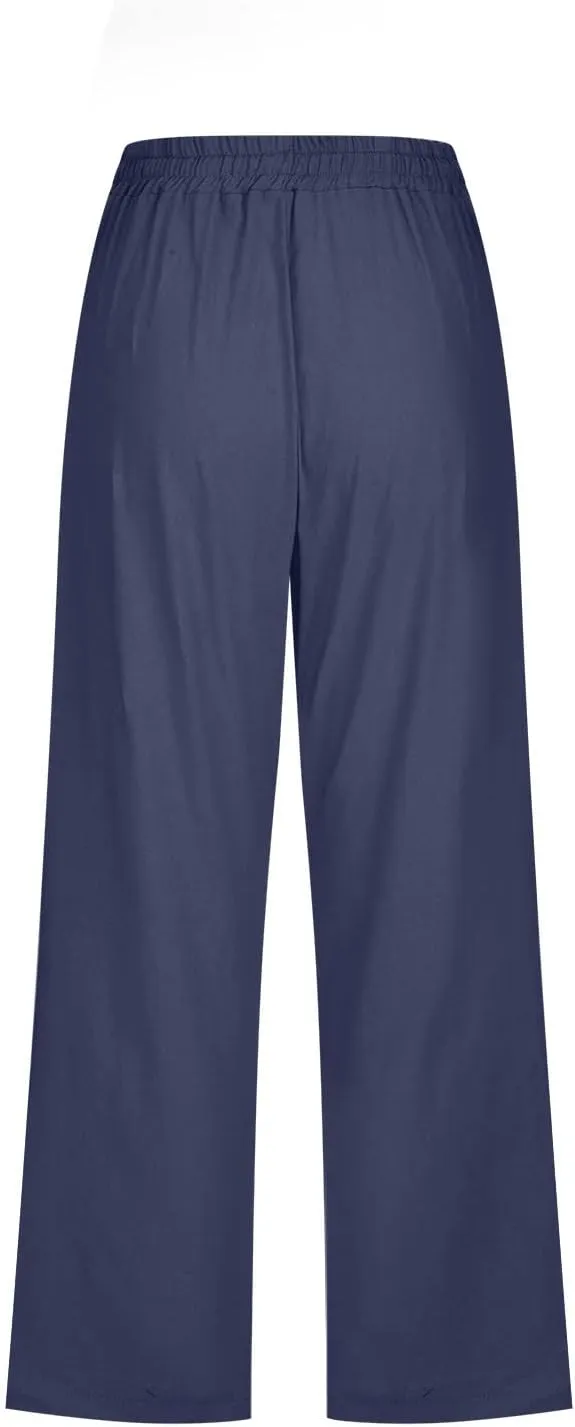 Wide Leg Capri Pants for Women Casual Summer Drawstring Elastic High Waist Cotton Linen Pant Cropped Trousers