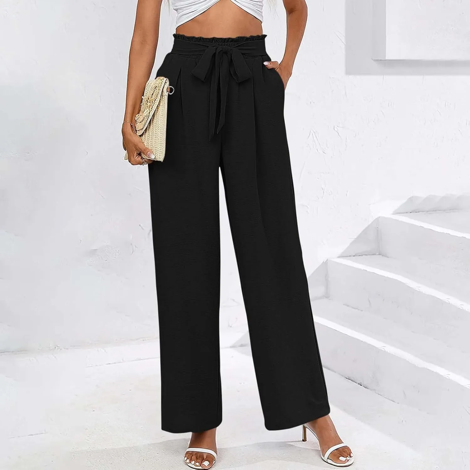 Wide Leg Pants for Women Elastic High Waist Elastic Waist Paperbag Pants Casual Loose Trousers with Pockets