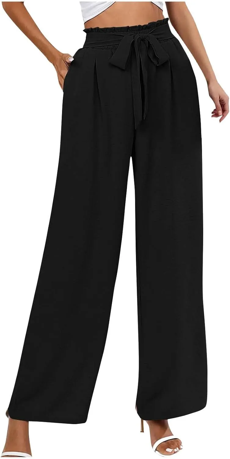 Wide Leg Pants for Women Elastic High Waist Elastic Waist Paperbag Pants Casual Loose Trousers with Pockets