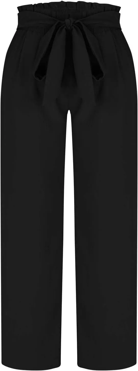 Wide Leg Pants for Women Elastic High Waist Elastic Waist Paperbag Pants Casual Loose Trousers with Pockets
