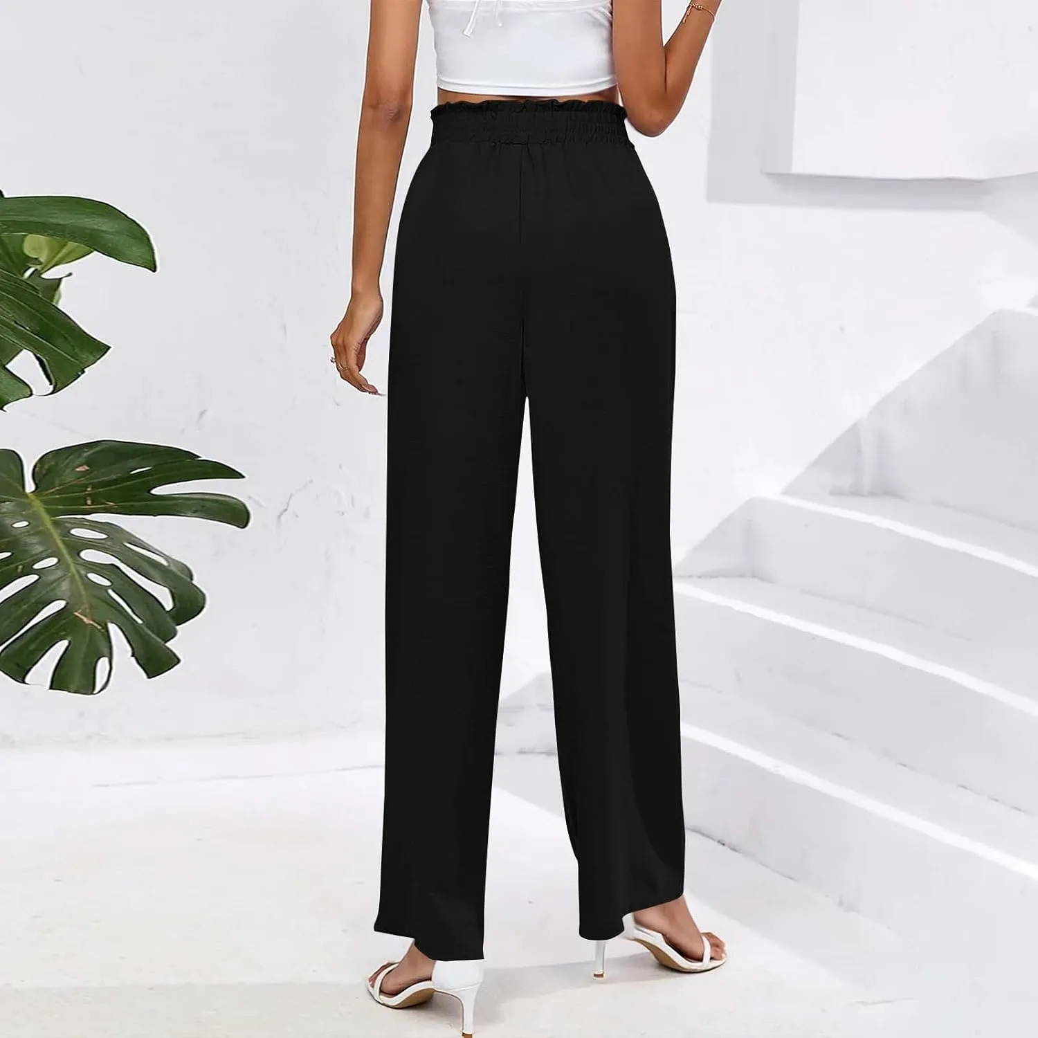 Wide Leg Pants for Women Elastic High Waist Elastic Waist Paperbag Pants Casual Loose Trousers with Pockets