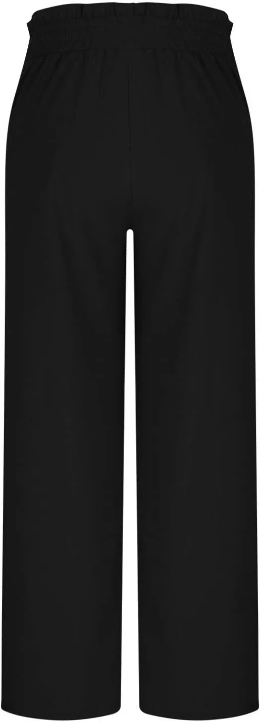 Wide Leg Pants for Women Elastic High Waist Elastic Waist Paperbag Pants Casual Loose Trousers with Pockets
