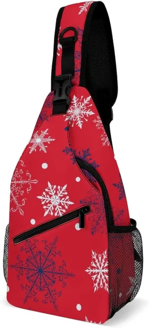 Winter Falling Snow Crossbody Sling Backpack Christmas Snowflakes Red Sling Bag Adjustable Travel Hiking Chest Bags Daypack