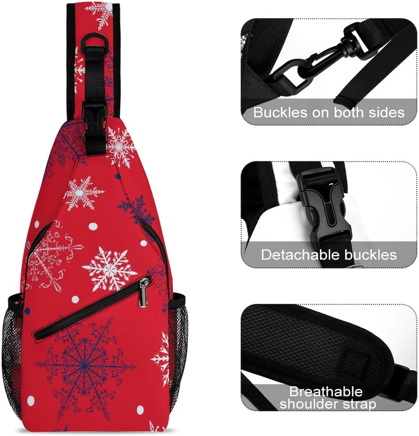 Winter Falling Snow Crossbody Sling Backpack Christmas Snowflakes Red Sling Bag Adjustable Travel Hiking Chest Bags Daypack