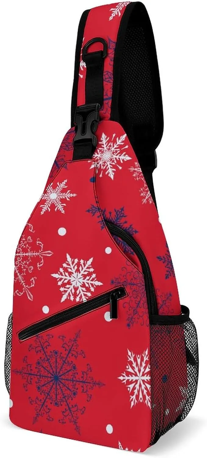 Winter Falling Snow Crossbody Sling Backpack Christmas Snowflakes Red Sling Bag Adjustable Travel Hiking Chest Bags Daypack