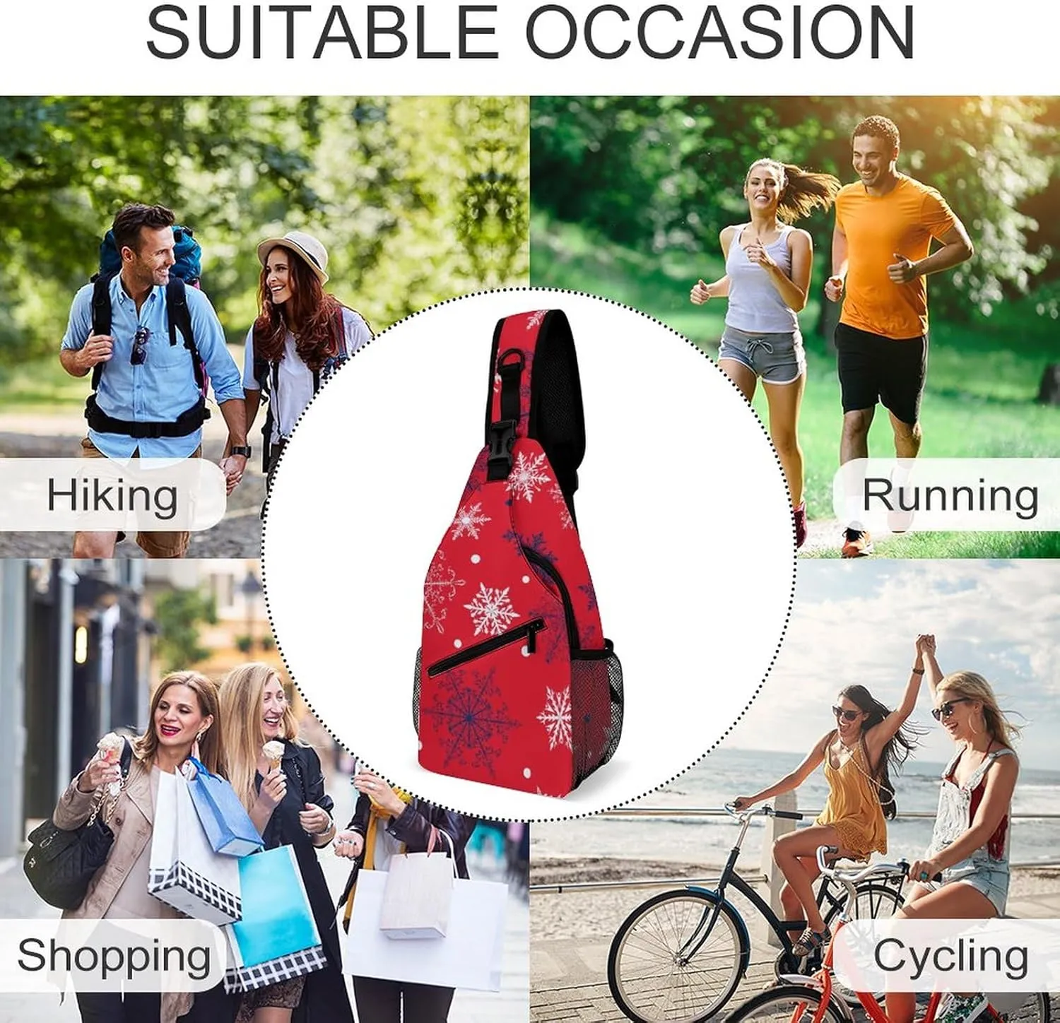 Winter Falling Snow Crossbody Sling Backpack Christmas Snowflakes Red Sling Bag Adjustable Travel Hiking Chest Bags Daypack