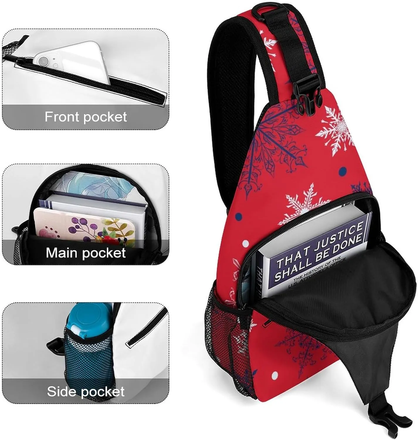 Winter Falling Snow Crossbody Sling Backpack Christmas Snowflakes Red Sling Bag Adjustable Travel Hiking Chest Bags Daypack
