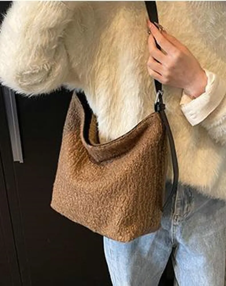 Winter Wool Purse Slouchy Hobo Bags for Women Fluffy Shoulder Bag Crossbody Purse Satchel Tote Handbag