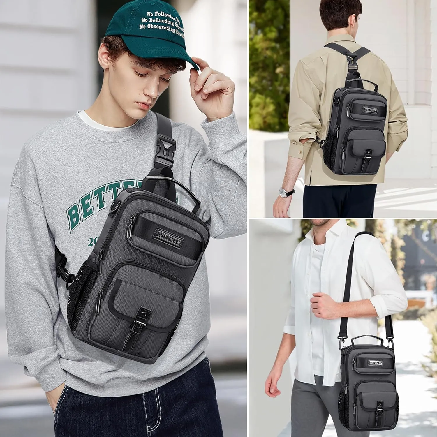 WITZMAN Sling Bag for Men Convertible Travel Sling Backpack USB Charging Port Lightweight Crossbody Bags Casual Daypack（B698 Silvery Grey）
