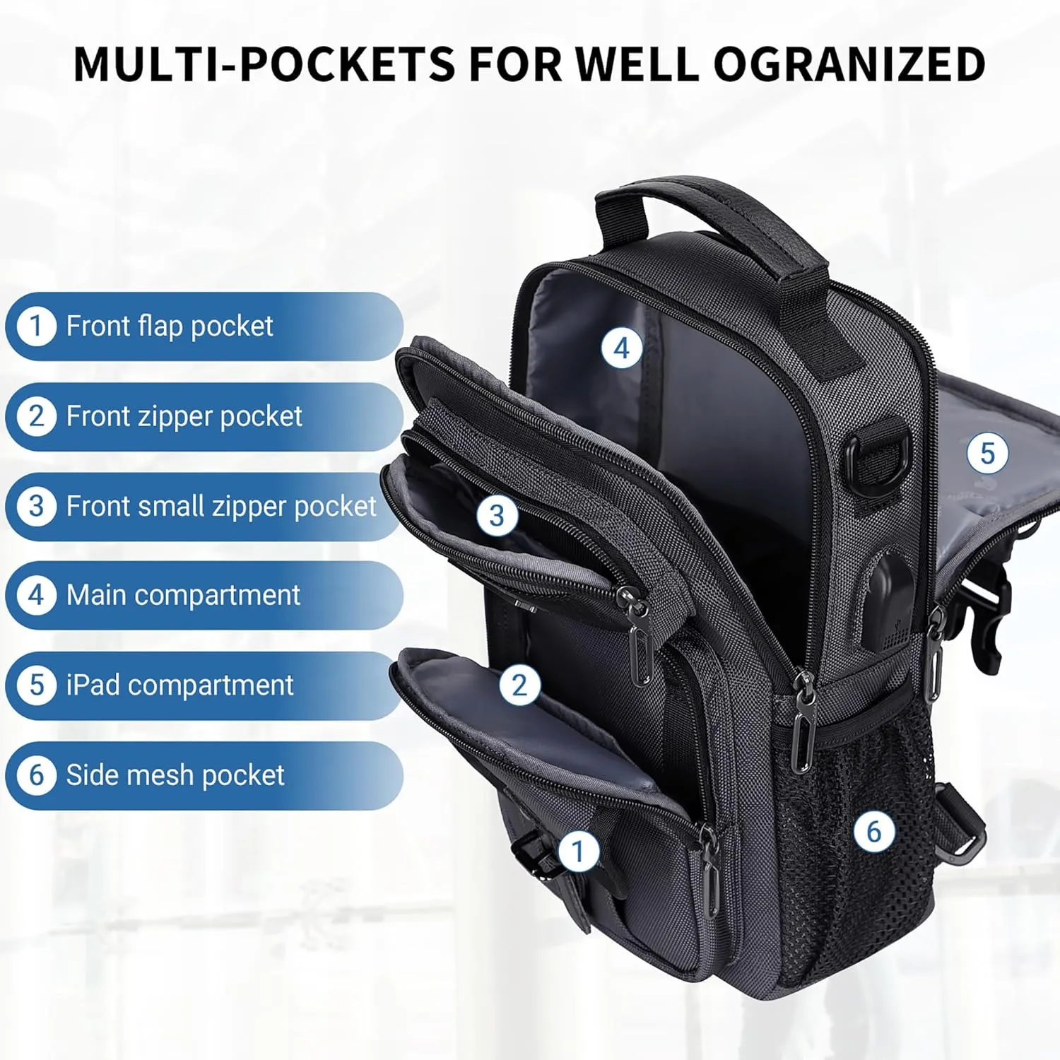 WITZMAN Sling Bag for Men Convertible Travel Sling Backpack USB Charging Port Lightweight Crossbody Bags Casual Daypack（B698 Silvery Grey）