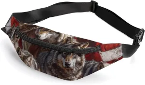 Wolf American Flag Crossbody Fanny Pack Waist Packs Adjustable Shoulder Bags Sling Bag for Hiking Running Cycling