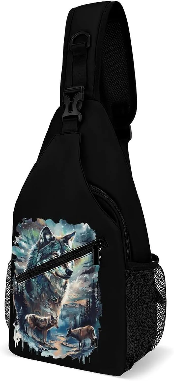 Wolf And Deer Printed Crossbody Bags Casual Sling Backpack with Adjustable Strap for Women Men
