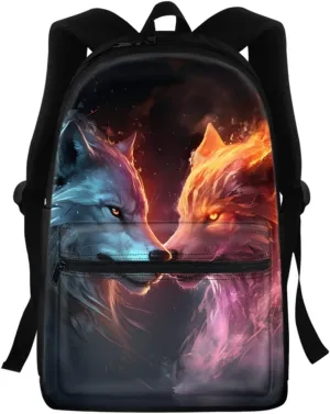 Wolf Fox Cool Animal Printed School Backpack for Boy Men Casual Lightweight Travel School Bags Daypack Knapsack,Blue Yellow Wolf