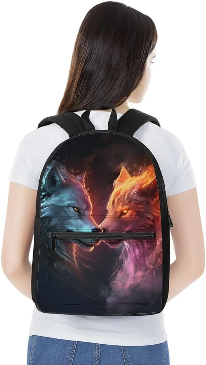 Wolf Fox Cool Animal Printed School Backpack for Boy Men Casual Lightweight Travel School Bags Daypack Knapsack,Blue Yellow Wolf