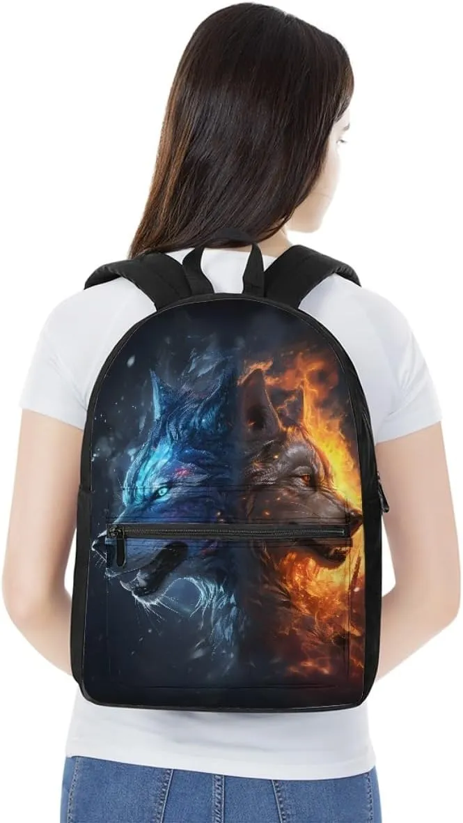 Wolf Fox Cool Animal Printed School Backpack for Boy Men Casual Lightweight Travel School Bags Daypack Knapsack,Fire Ice Wolf