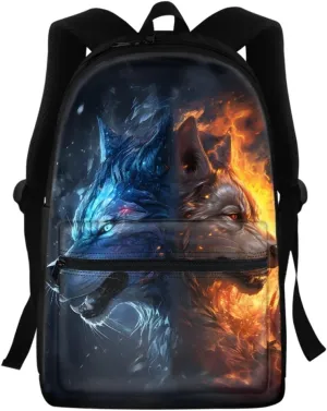 Wolf Fox Cool Animal Printed School Backpack for Boy Men Casual Lightweight Travel School Bags Daypack Knapsack,Fire Ice Wolf