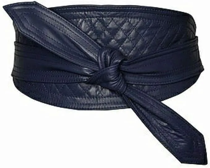 Woman's Navy Blue Genuine Leather Obi Sash Wrap Tie Plus Size Corset Waist Wide Belt
