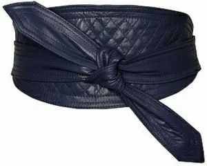 Woman's Navy Blue Genuine Leather Obi Sash Wrap Tie Plus Size Corset Waist Wide Belt