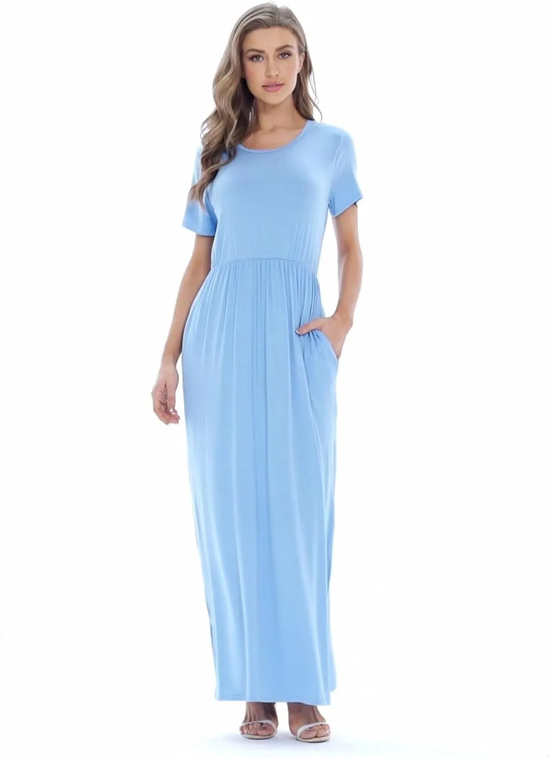 Women 2025 Summer Short Sleeve Long Casual Empire High Waist Maxi Dress with Pockets