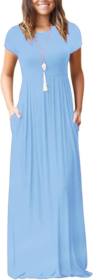 Women 2025 Summer Short Sleeve Long Casual Empire High Waist Maxi Dress with Pockets