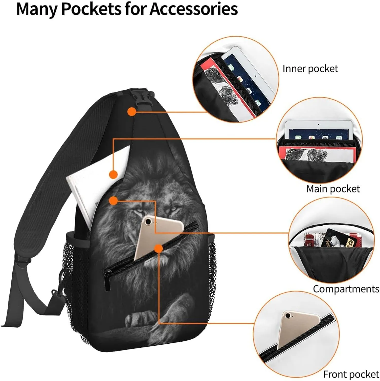 Women 3D Animal Black Lion Crossbody Sling Backpack for Men Chest Bag Shoulder Bag Lightweight One Strap Backpack Travel Outdoor Daypack