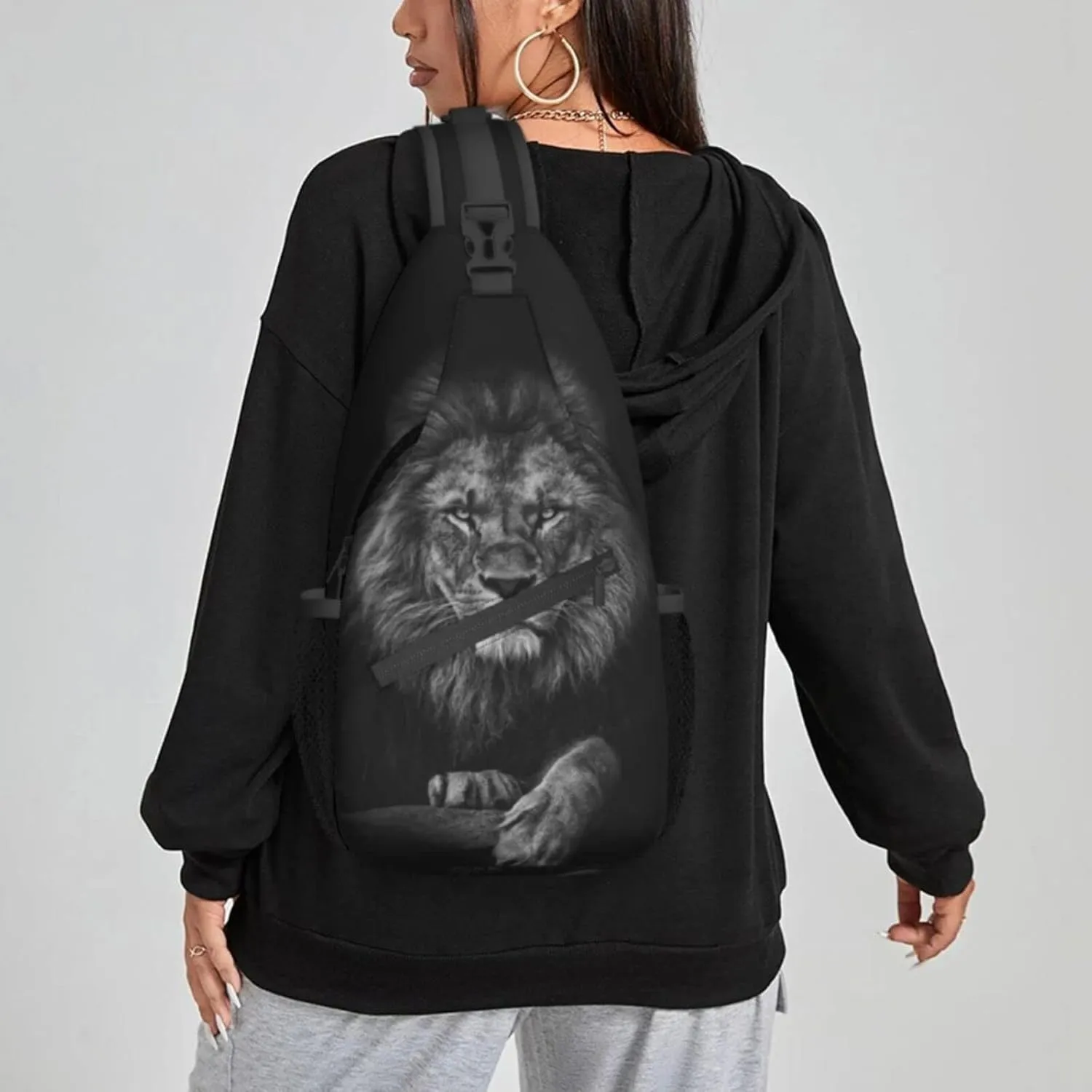 Women 3D Animal Black Lion Crossbody Sling Backpack for Men Chest Bag Shoulder Bag Lightweight One Strap Backpack Travel Outdoor Daypack