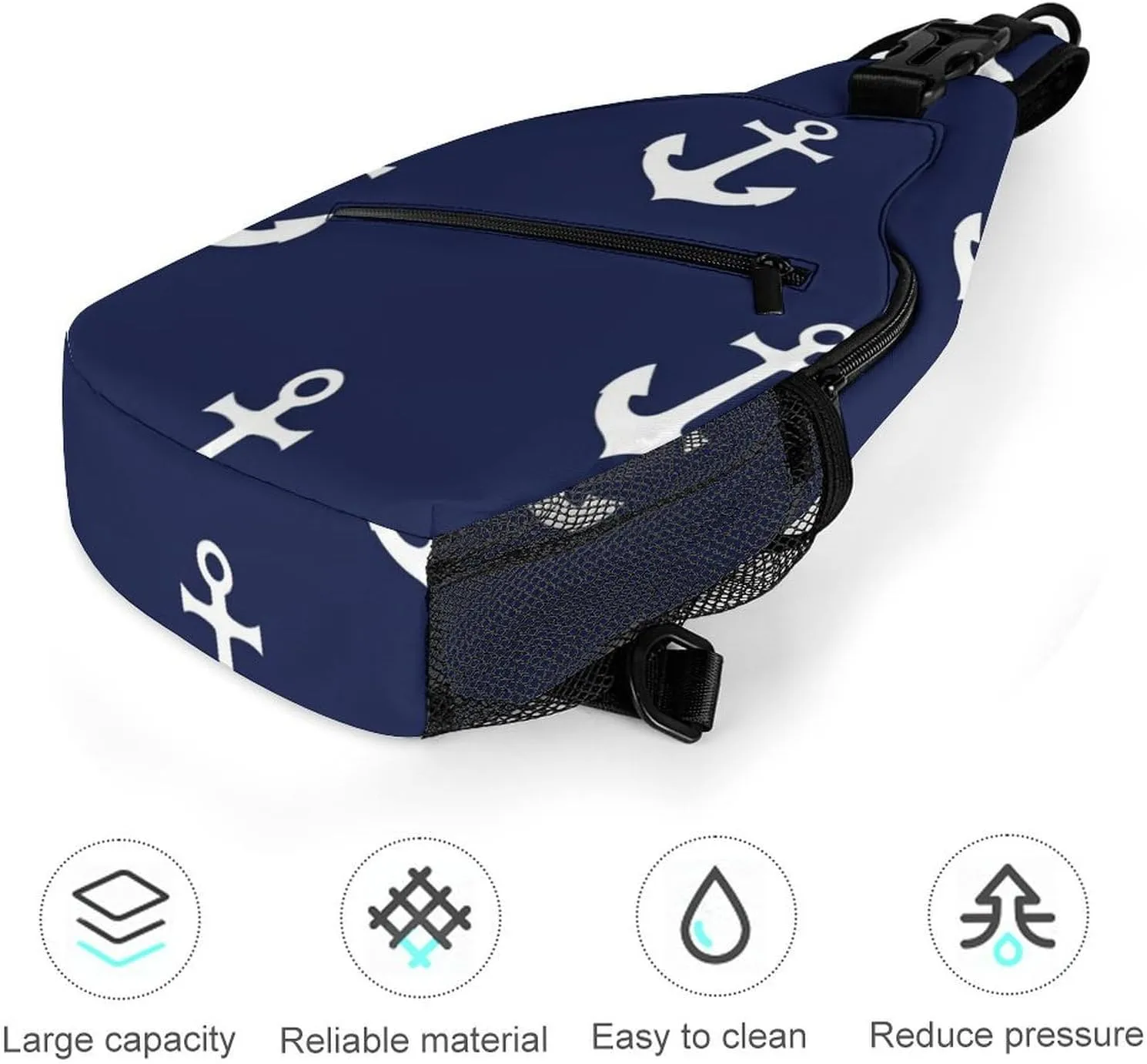 Women and Men Navy Nautical Anchor Art Sling Bag, Large Capacity Travel Chest Backpack Shoulder Bag Crossbody Pack with Pockets and Buckles