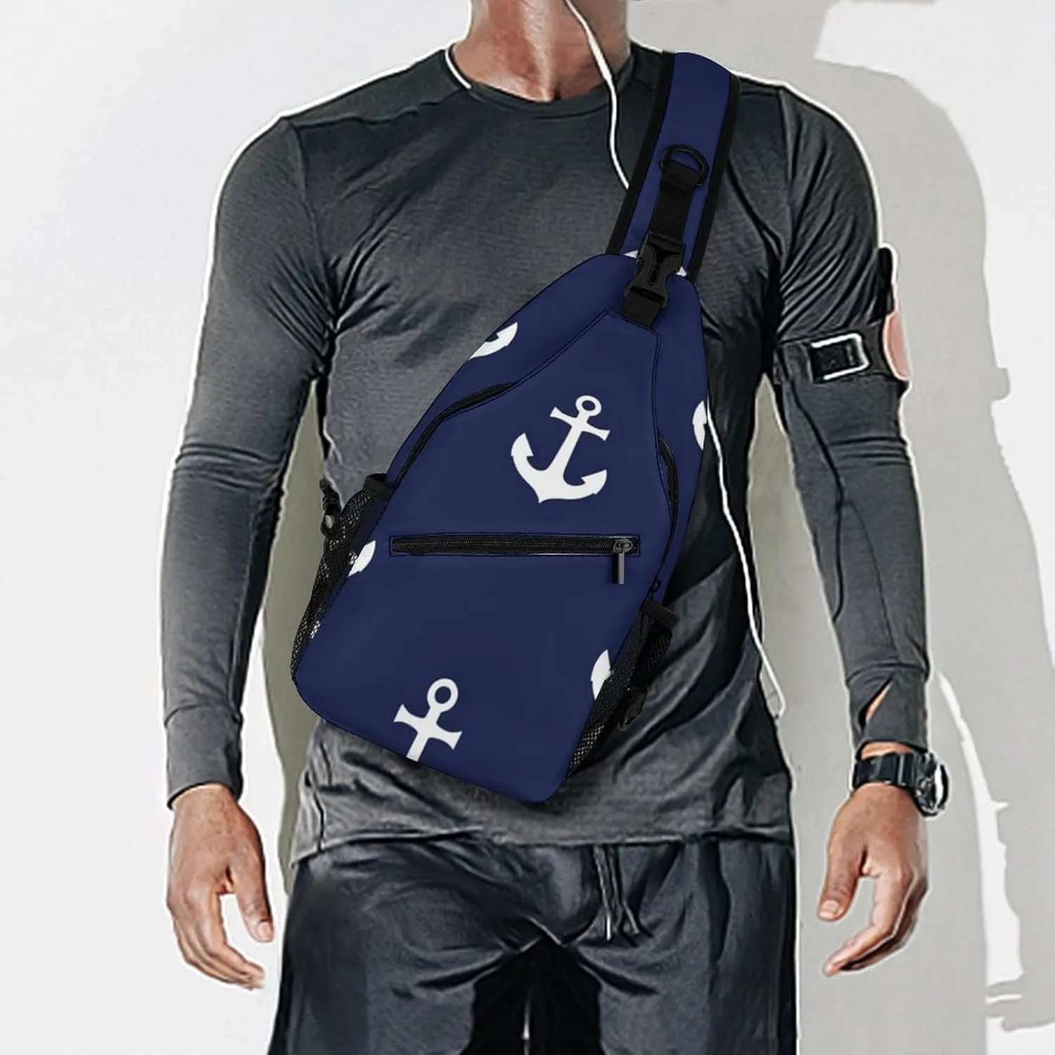 Women and Men Navy Nautical Anchor Art Sling Bag, Large Capacity Travel Chest Backpack Shoulder Bag Crossbody Pack with Pockets and Buckles