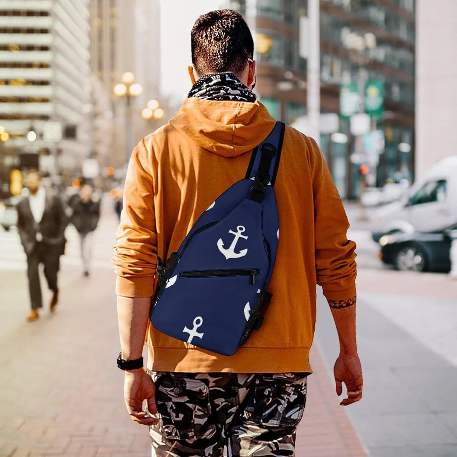 Women and Men Navy Nautical Anchor Art Sling Bag, Large Capacity Travel Chest Backpack Shoulder Bag Crossbody Pack with Pockets and Buckles