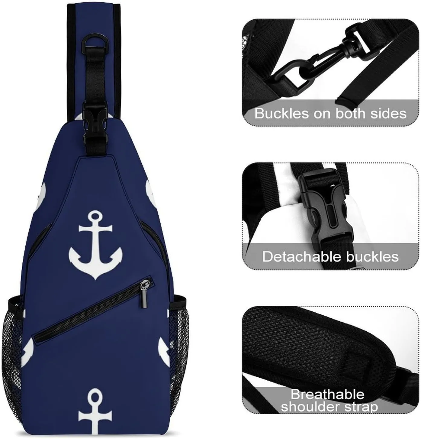 Women and Men Navy Nautical Anchor Art Sling Bag, Large Capacity Travel Chest Backpack Shoulder Bag Crossbody Pack with Pockets and Buckles