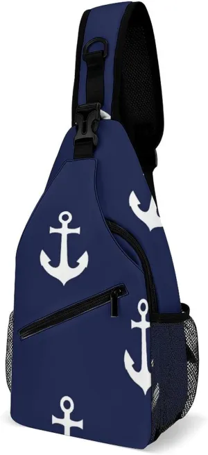 Women and Men Navy Nautical Anchor Art Sling Bag, Large Capacity Travel Chest Backpack Shoulder Bag Crossbody Pack with Pockets and Buckles
