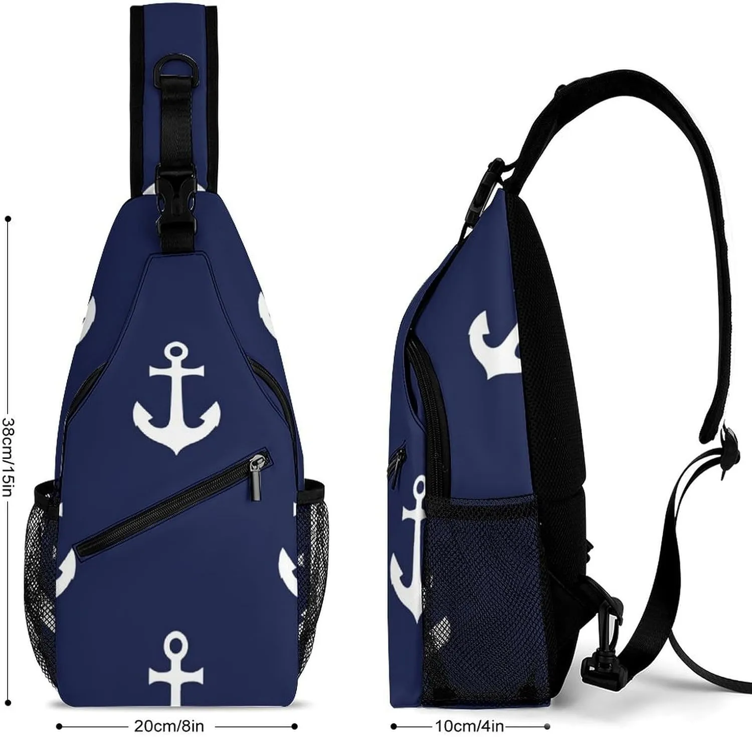 Women and Men Navy Nautical Anchor Art Sling Bag, Large Capacity Travel Chest Backpack Shoulder Bag Crossbody Pack with Pockets and Buckles