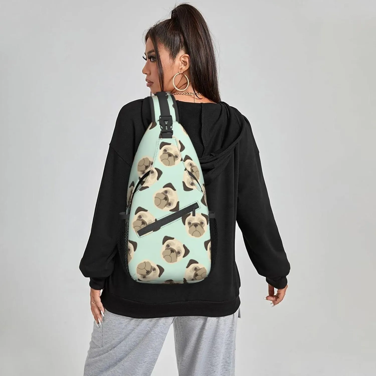 Women Cartoon Puppies Pug Head Crossbody Sling Backpack for Men Chest Bag Shoulder Bag Lightweight One Strap Backpack Travel Outdoor Daypack