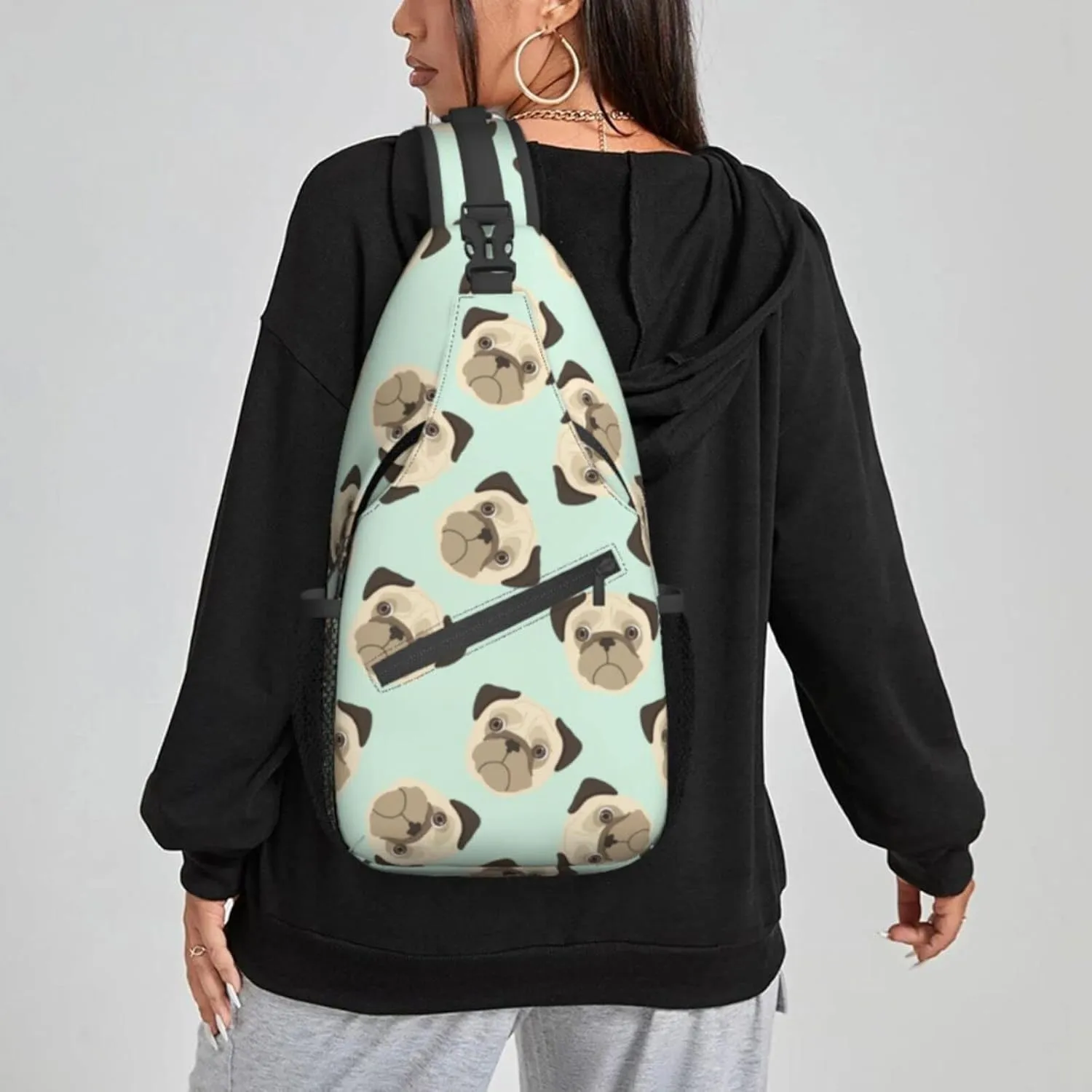 Women Cartoon Puppies Pug Head Crossbody Sling Backpack for Men Chest Bag Shoulder Bag Lightweight One Strap Backpack Travel Outdoor Daypack